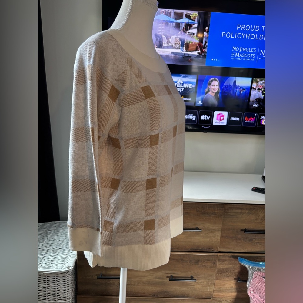 LOFT Plaid Crew Neck Sweater - Cream and Brown - Picture 6 of 6